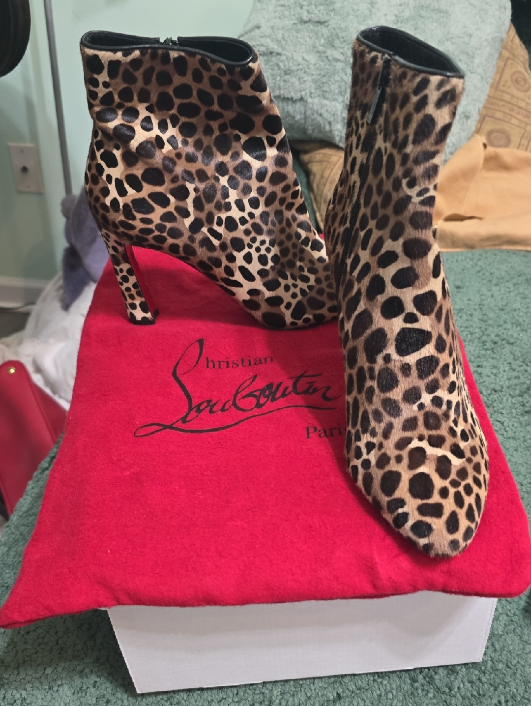 Christian Louboutin Leopard Print Pointed Toe Ankle Boots With Red Sole Accent